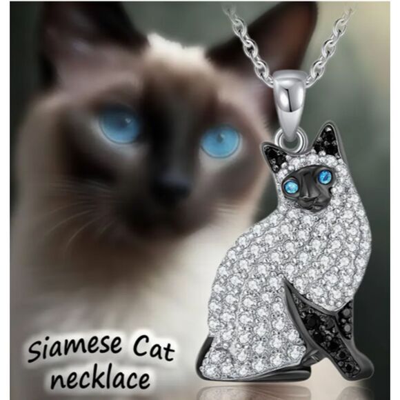 Siamese Cat Necklace Blue Eyes Rhinestones Kitty - Picture 7 of 10
